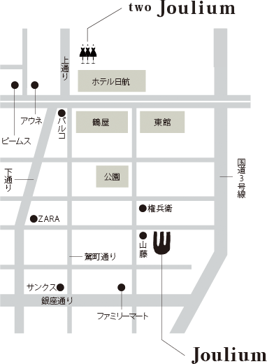 熊本市にある「ヨーロッパ食堂 Joulium –ジュール-」「セレクトショップ two Joulium –トゥージュール-」のマップ